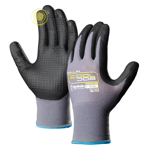 COOLJOB 12 Pairs Nitrile Rubber Dipped Safety Work Gloves with Grip Dots, Seamless Knit Nylon Gloves with 2 Fingers Touchscreen, Non-slip Coated for Warehouse, Home Improvement, Yard, Grey Xlarge