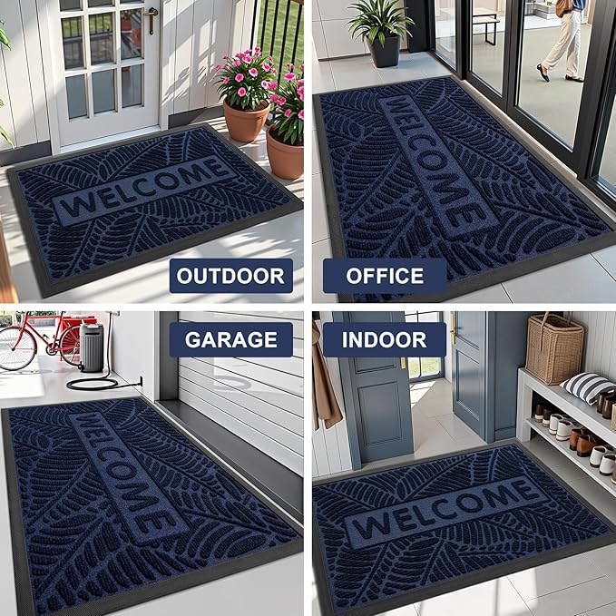 Smiry Welcome Mat Indoor Outdoor, All-Season Waterproof Front Door Mat, Sturdy Natural Rubber Doormat, Non-Slip, Easy Clean, Low Profile Dirt Trapper for Porch Patio Entrance, 35x23, Navy