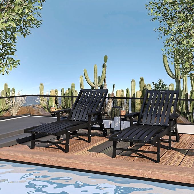 Patio Chaise Lounge Chair Set of 2, Oversized Lounge Chair Outdoor with 5 Positions, HDPE, Patio Lounge Chair with Wheels & Cup Holder for Pool, Deck, Poolside,Black