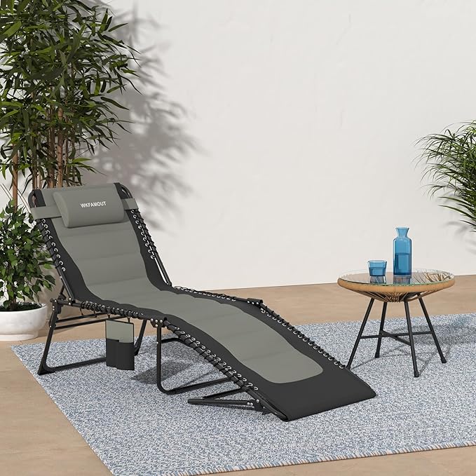 Outdoor Folding Lounge Chair Padded for Adults 264Ibs Patio Chaise Lounge Chair for Outside 5-Position Adjustable Reclining Beach Chair with Pillow Pocket