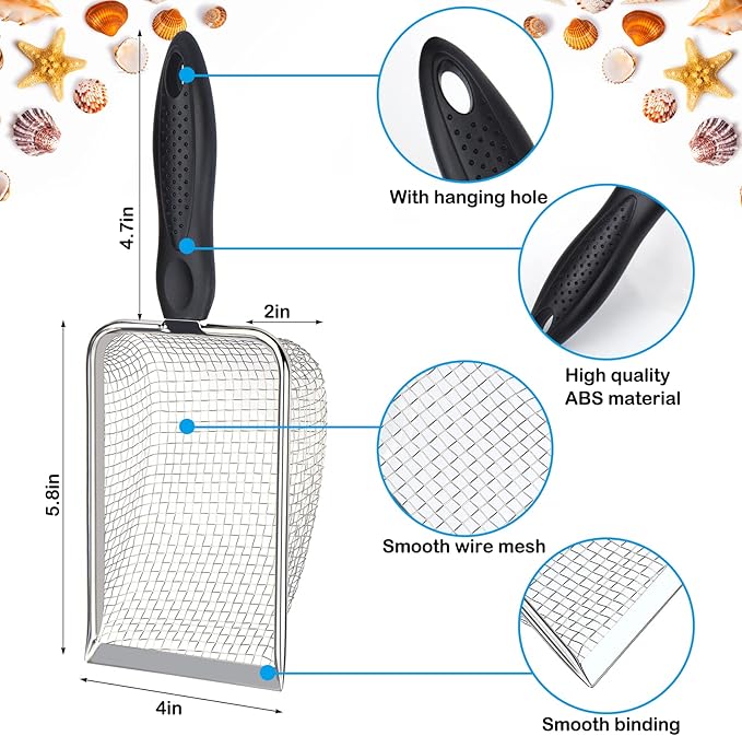 2 PCS Beach Mesh Shovel with 2 PCS Mesh Beach Bag for Filter Sand, Kids Shell Collecting Scooper for Picking Up Shells, Shark Tooth Sifter for Boys and Girls, Beach Toy