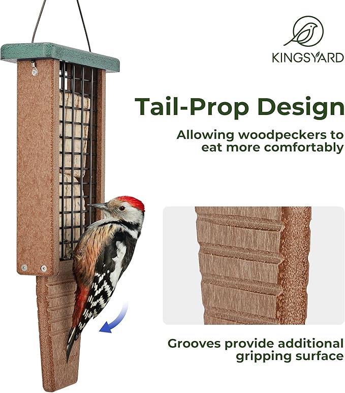 Kingsyard Recycled Plastic Suet Bird Feeder, Double Capacity Tail-Prop Suet Feeder for Outside Hanging, Sturdy & Durable, Great for Woodpecker & Clinging Birds, Green