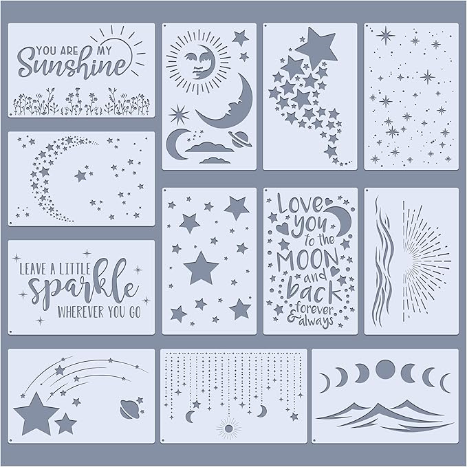 Starry Sky Moon Stencils for Painting DIY, 12 Pcs Reusable PET Templates 8.3x11 Inch – Craft Drawing Aids for Journals, Scrapbooking, Wall Art, Card Making,School Projects