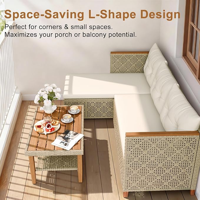 Greesum All-Weather Modular Rattan Sofa Set - Hand-Woven PE Wicker, L-Shaped Patio Couch with Cushions & Coffee Table for Indoor/Outdoor Use