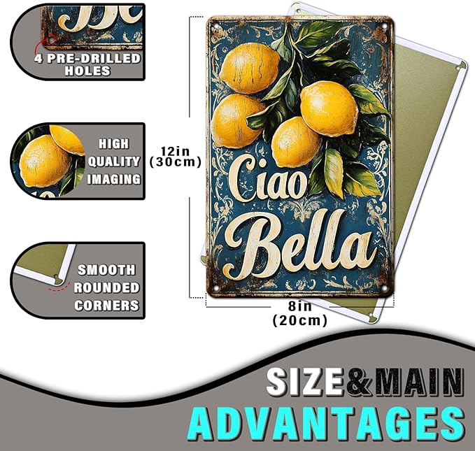 Ciao Bella Lemon Tree Vintage Metal Decor Plaque Sign Wall Art for Bedroom Office Home Coffee Wall Decor 12x16inch