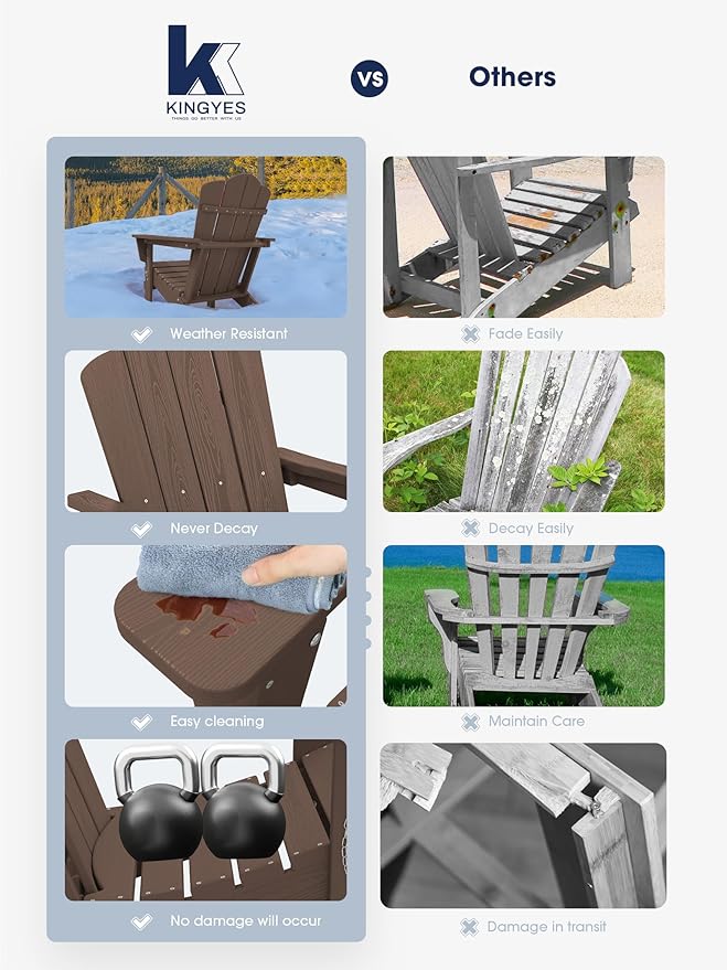 KINGYES Folding Adirondack Chair, HDPE All-Weather Patio Chairs, Wooden Textured Lawn Chair for Poolside, Backyard, Deck, Fire Pit, Brown