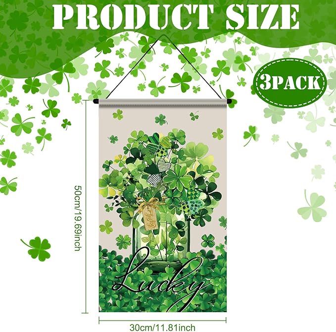 Tegeme 3 Pcs Happy St. Patrick's Day Banner Door Decoration St. Patricks Day Hanger Door Sign Green Shamrock Hanging Flag Ornaments for Irish Party Holiday Outdoor Indoor Home
