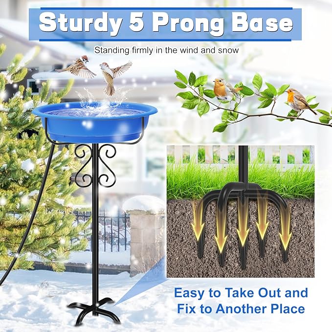 Heated Bird Baths for Outdoors,Large Capacity 100W Thermostat Control Heated Birdbath with 5-Prong Metal Base Water Heated Bird Bath Bowl for Outside Winter Garden Patio Yard Lawn(Blue)