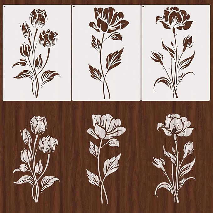 10"x14" Large Flower Stencils for Painting on Walls, Reusable 3PCS Flower Stencil for Garden Fence, Floral Stencil Kit for Wood Fabrics Furniture