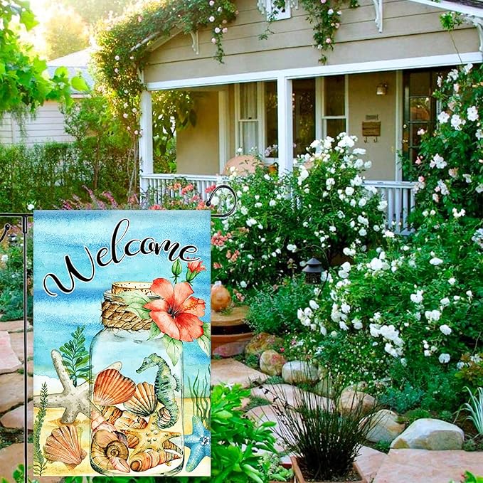Texupday Welcome Floral Mason Jar Shell and Starfish Hippocampus Decoration Summer Seaside Garden Flag Holiday Party Beach Coastal Outdoor Yard Flag 12" x 18"