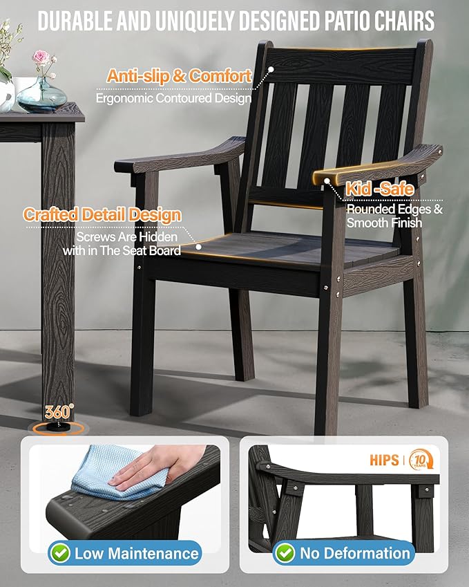 YEFU Outdoor Patio Chairs Set of 2: All Weather Outdoor Dining Chairs with Wide Curved Seat and Backrest - Plastic Patio Chairs for Outside Backyard/Garden/Pool/Porch/Deck 350lbs Capacity Black