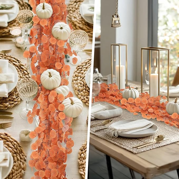 24 Packs Artificial Fall Leaves Garland 172 Ft Fake Vines Fall Eucalyptus Garland Silk Orange Leaf Autumn Ivy for Mantle Table Wall DIY Thanksgiving Wedding Bedroom Birthday Home Outdoor Arch Decor