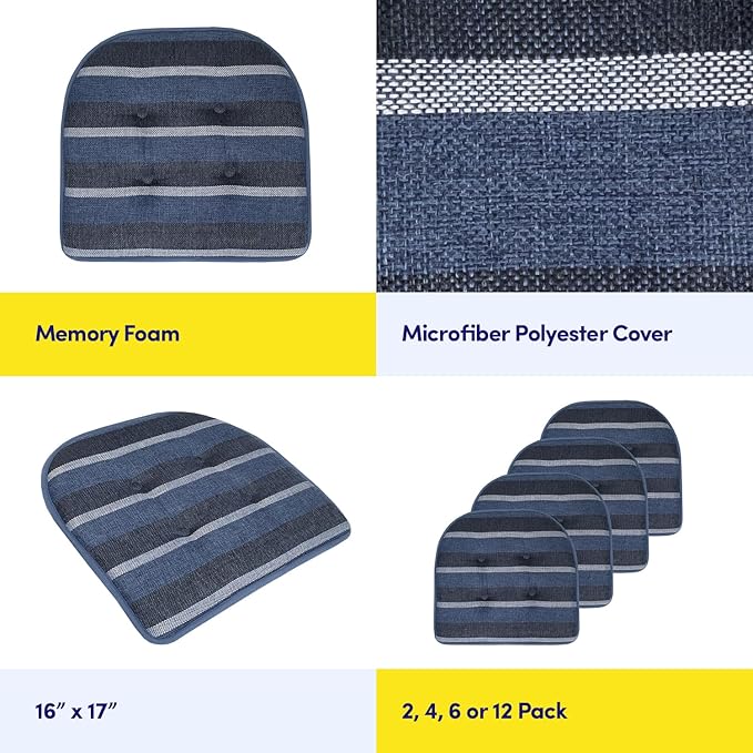 Sweet Home Collection Chair Cushion Memory Foam Pads Tufted Slip Non Skid Rubber Back U-Shaped 17" x 16" Seat Cover, 6 Count (Pack of 1), Bradford Steel Blue