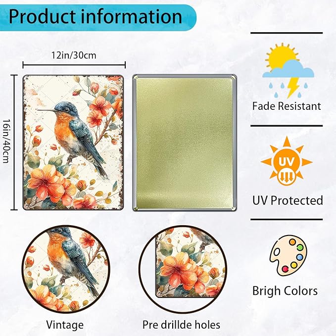 Vintage Tin Sign Hummingbird Watercolor Colorful Bird Metal Sign Hummingbird Art Decor for Home Garden Kitchen Office 16x12 Inch