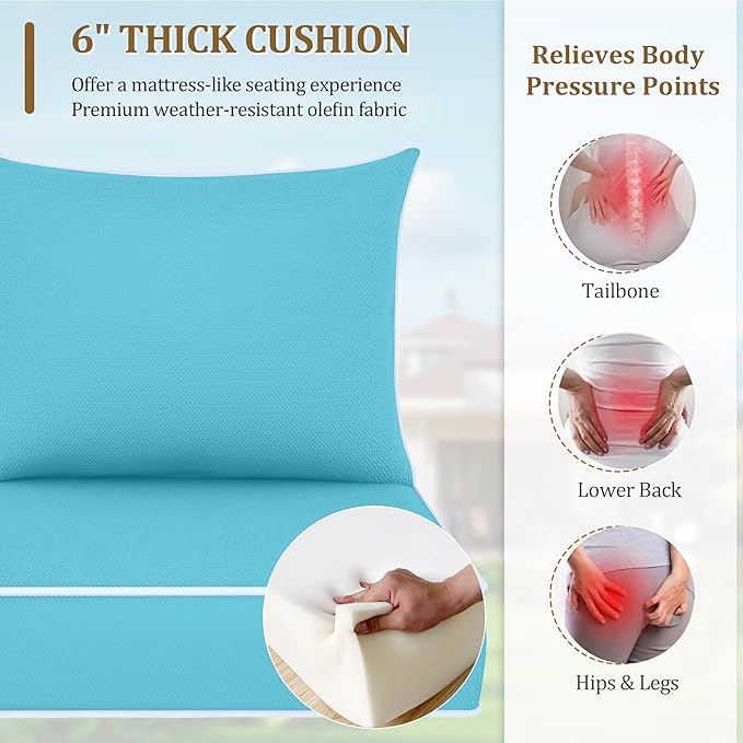 Outdoor Deep Seat Cushion Set, Fade Resistant Patio Chair Cushions, 24x24x6 Inch Patio Sofa Furniture Pad with Removable Cushion Covers (Lake Blue+White Side, 24''Lx24''Wx6''H-2pcs Set)