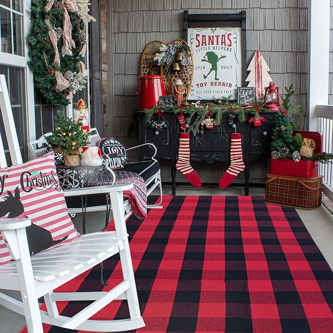 Christmas Outdoor Mat Buffalo Plaid Christmas Decor Rug Cotton Hand-Woven Layered Door Mats Washable Carpet for Front Porch, Kitchen, Farmhouse, Entryway
