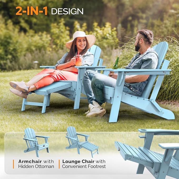 VINGLI Folding Adirondack Chair Set of 2 with Ottoman, Waterproof Plastic HDPE Firepit Chair for Outside with Hidden Footrests, Foldable Ergonomics Seating for Patio Porch Yard Garden(Blue)
