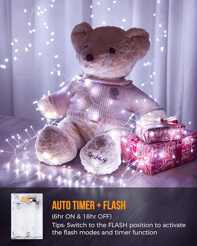 Fairy Lights Battery Operated, 10Feet 120LEDs Firecracker String Lights Waterproof Silver Wire Starry Firefly Light for DIY Wreath Home Weeding Indoor Outdoor Christmas Decorations, Pure White
