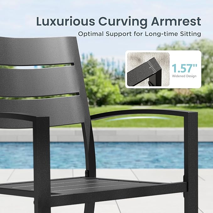 PHI VILLA 7 Pieces Outdoor Dining Set with Umbrella for 6, 60" Rectangular Metal Table & Stacking Wrought Iron Chairs & 13ft Red Umbrella, Outside Large Furniture for Patio, Deck, Porch, Backyard