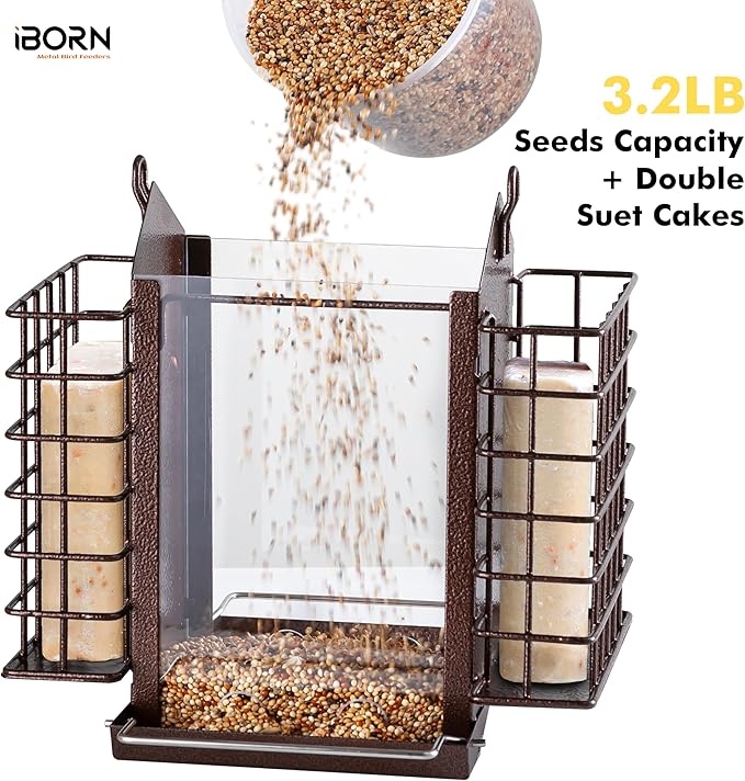 iBorn Bird Feeders for Outdoors,Bird Feeder with Double Suet Holders,Suet Feeder for Outside,Weatherproof Metal Roof,Easy to Refill&Clean,3.2 LBs Seed Capacity+2X Cake,1 Pack,Coffee Roof & Coffee Grid