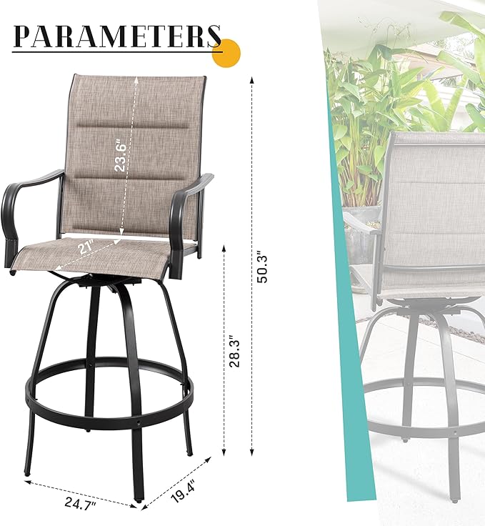 Vongrasig 4 Piece Outdoor Patio Swivel Bar Chairs, All Weather Padded Sling Textile High Top Bar Stools, Bistro Set for Backyard, Lawn Garden, Balcony, Gray