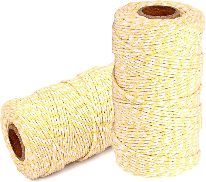Cotton Twine String Bakers Rope: 2 Roll Twines for Crafts Gift Wrapping - 656 Feet Yellow White Twine for Kitchen Cooking