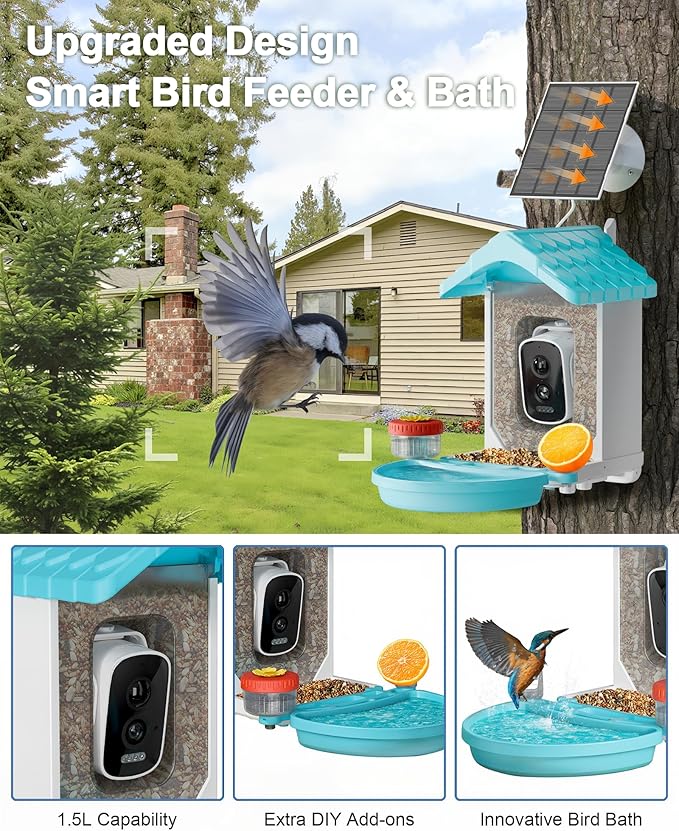 2-in-1 Smart Wild Bird Feeder & Bath with 4K HD Camera, AI Identification Solar Bird Feeder Watching Camera Night Vision for Outdoor Birds Watching Gifts for Birdlover, Blue