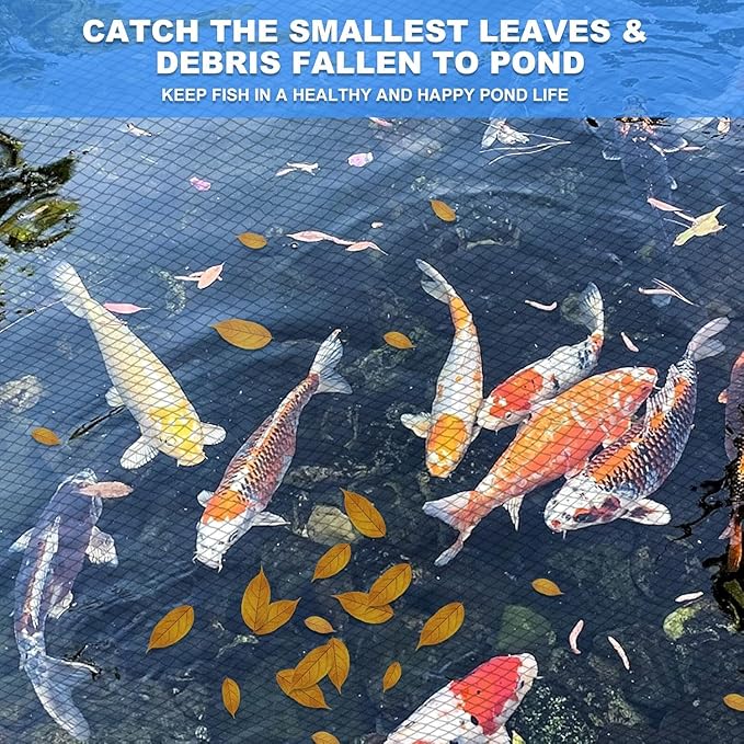 Pond Netting, 10 x 10FT Pond Net for Koi Ponds, Garden Pool Fine Mesh Pond Netting Cover for Leaves, Protects Koi Fish from Birds Cats Predators, with 12 Stakes and 30 Cable Zip Ties