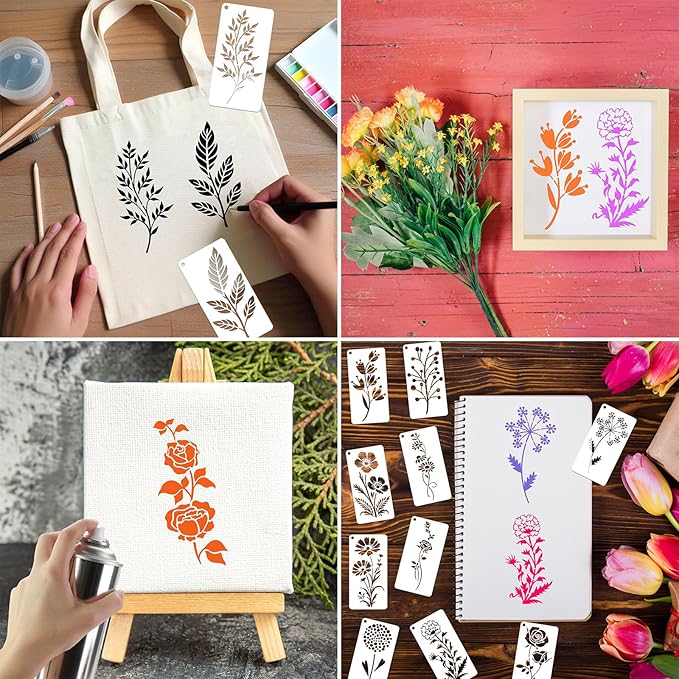 32 Pcs Wildflower Stencils for Painting on Wood, Reusable Flower Leaf Stencils Plastic DIY Craft Drawing Templates Set for Wall Paper Canvas Home Decor
