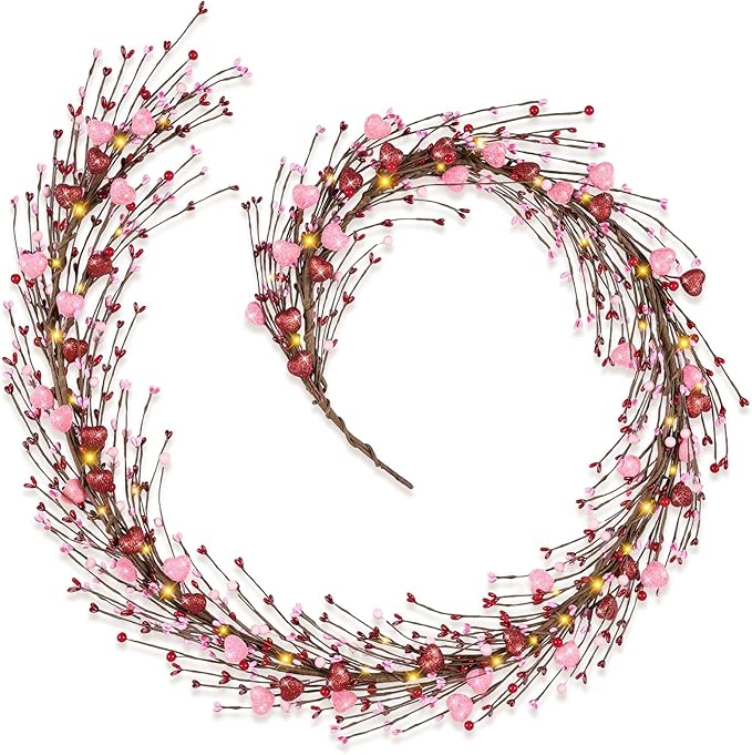 6.5 Ft Valentine's Day Berry Garland Twig Red Pink Berry Glitter Hearts Garland with LED Lights Artificial Vine for Valentines Wedding Anniversary Fireplace Mantel Table Home Wall Indoor Party Decor