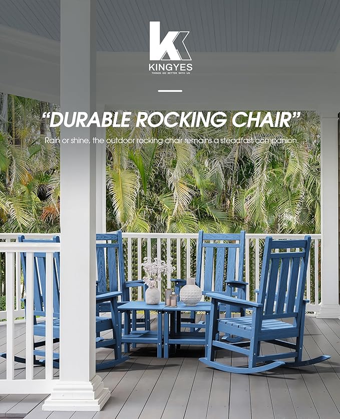 KINGYES Outdoor Rocking Chair, All-Weather Patio Rocking Chairs for Porch, HDPE Rocking Outdoor Chairs with High Back for Adult, Heavy Duty Outdoor Patio Rockers for Garden, Lawn, Blue