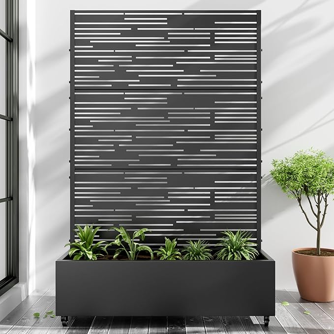 Casaphoria Metal Raised Garden Bed with Trellis and Wheels, 72"x47"x16" Planter Box for Climbing Plants, Vegetables & Vines, Features Drainage Holes and Privacy Screen, Black-Shine