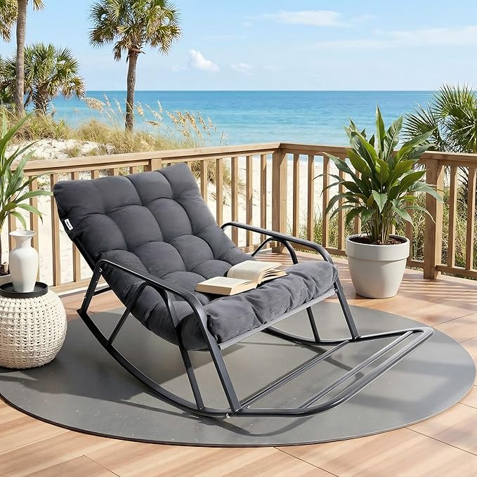 IRONCK Patio Rocking Chair with Armrest and Footrest, Indoor Outdoor Rocking Chair with Cushion, Oversized Lounge Rocker for Garden, Living Room, Balcony, Porch, Gray