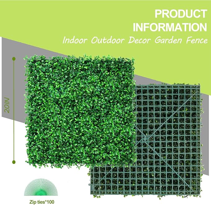 AOKIE 20"X20" Artificial Grass Wall, 24Pcs Boxwood Hedge Wall Panels UV-Anti Grass Backdrop Wall Decor, Greenery Privacy Hedge Screen for Indoor Outdoor Patio Balcony, Party Garden Fence Decor