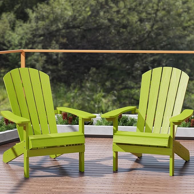 YEFU Adirondack Chairs Set of 2: Plastic Adirondack Chairs - Patio Chairs with Wood Texture - Outdoor Chair HIPS - Lawn Fire Pit Deck Porch Garden Chairs for Adults(Kelly Green)