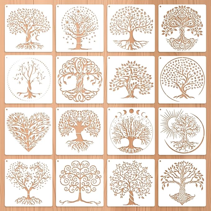 Tree of Life Stencils, 16 PCS 6x6 Inch Plant Reusable Plastic Paint Templates for Painting on Wood, Trees Stencils Set for Spraying Rock Canvas Drawing Art Fabric Tile Home DIY Craft Decoration