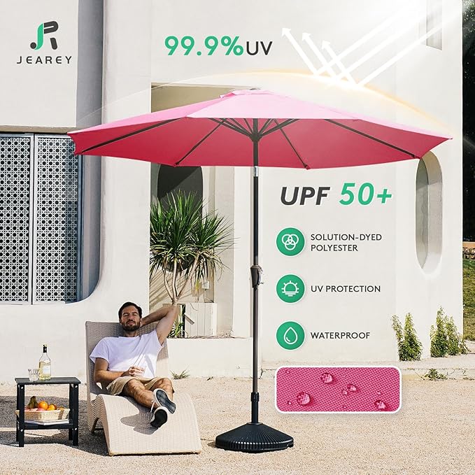 JEAREY 10FT Outdoor Patio Umbrella Outdoor Table Umbrella with Push Button Tilt and Crank, Market Umbrella 8 Sturdy Ribs UV Protection Waterproof for Pool, Garden (Rose Pink)
