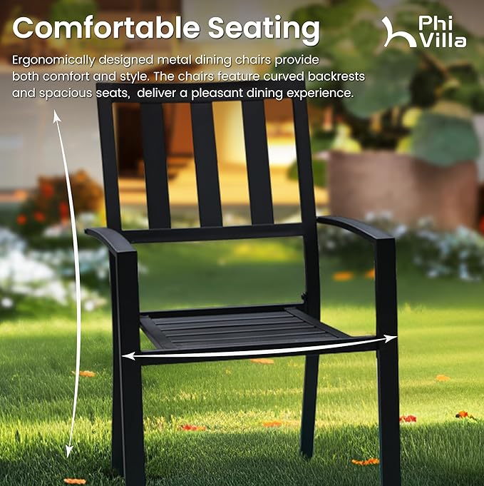 PHI VILLA 7 Piece Outdoor Dining Set for 6, 60” Rectangular Metal Steel Table with Umbrella Hole & Stacking Wrought Iron Chairs, Large Furniture Set for Patio, Deck, Yard - Black
