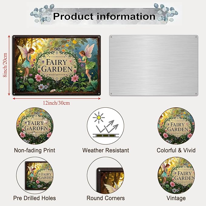Gardening Gifts Vintage Garden Mental Tin Signs " FAIRY GARDEN" Retro Fairies Plants Picture for Home Garden Greenhouse Yard Decor (8x12 Inch)