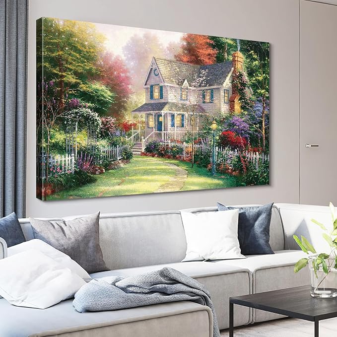 STUDIO HAVEN Thomas Kinkade Canvas Wall Art, White Cottage Sunlit Country Lush Flower Garden Fence and Charming Vibe Oil Painting Poster Rustic Wall Decor, Framed Prints for Home Decor, 48x32Inch