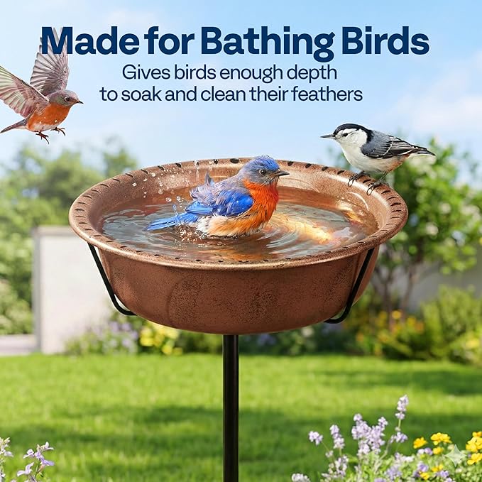 VIVOHOME Bird Bath for Outside, Outdoor 13'' Birdbath Bowl with Metal Ground Stake, Weather-Resistant ABS Bird Bath and Feeder for Garden, 1.45 Gallons, Bronze
