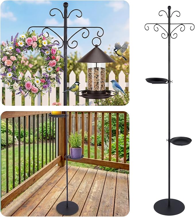 1 Set Upgraded 75.9" Shepherds Hook for Bird Feeder, Hanging Plant Wind Chime Stand, Metal Adjustable Standing Pole Holder for Indoor Outdoor, with 2 Rack & Weight Bag (Vintage 2 Hooks)