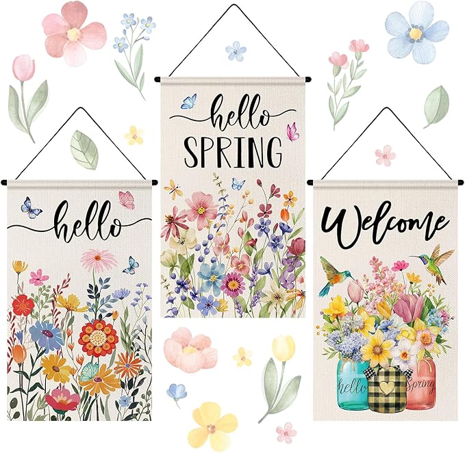Tegeme 3 Pcs Hello Spring Door Sign Flag Spring Flower Door Banner Holiday Welcome Flag Wall Hanging Decoration for Party Holiday Outdoor Indoor Home