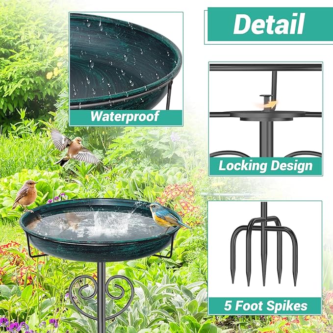 Metal Bird Bath for Outside,Vintage Freestanding Bird Bath with Metal Stake Upgraded 5 Pronged Base Detachable Birdbaths Feeder Bowl for Outdoors Garden Patio Yard Lawn Decor (Vintage Green)