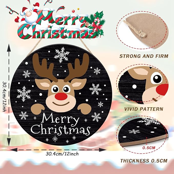 CHDITB Merry Christmas Sign,Reindeer Welcome Wood Sign, Farmhouse Round Xmas Wooden Sign,Funny Winter Wooden Door Hanger Decorative,Funny Holidays Deer Face Wooden Front Door Hanger