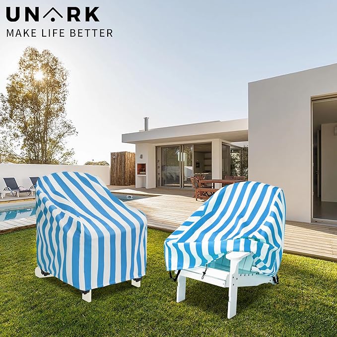 Adirondack Chair Covers Waterproof, Patio Chair Covers, Water Resistant Outdoor Furniture Protection, Heavy Duty with Air Vents, 30W 33D 33H Inches, Blue and White Stripe Pattern