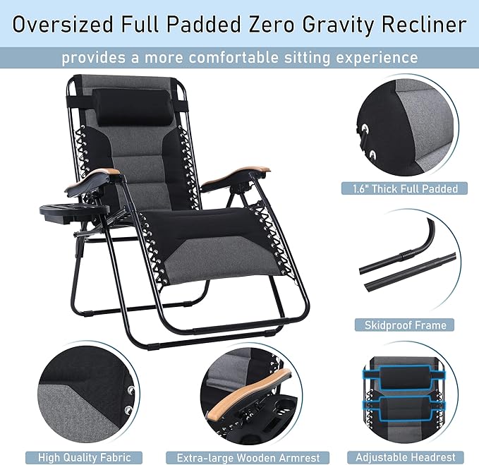 PHI VILLA XXL Oversized Padded Zero Gravity Chair Set of 2, Foldable Patio Recliner, 30" Wide Seat Anti Gravity Lounger with Armrest and Cup Holder, Support 400 LBS (Black)