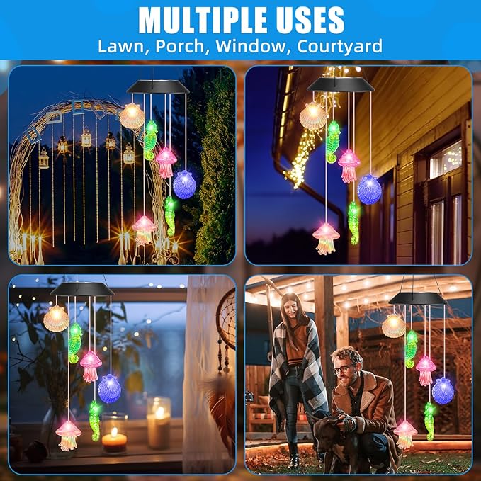VIHOSE Solar Wind Chimes Lights Outdoor, Color Changing Hanging Solar Wind Chime, Seashell Starfish Mobile LED Lights for Outside Garden Yard Patio Decor, Waterproof