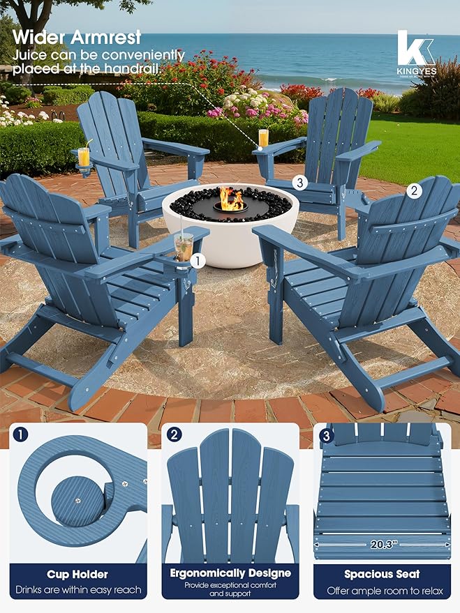 KINGYES Folding Adirondack Chair, HDPE All-Weather Patio Chairs with Cup Holder, Wooden Textured Fire Pit Chairs for Poolside, Backyard, Deck, Navy