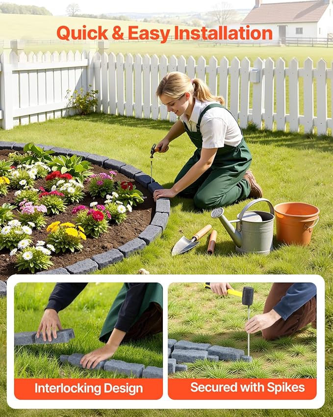 VEVOR Faux Stone Landscape Edging, No Dig Garden Edging Border, Flexible Blocks for Lawn Edging, Flower Beds, Driveway, Yards with 12 Spikes, 4 Pack 24 Bricks 16FT Kit, 46.5" Lx 3.7" W x 2.2" H, Grey